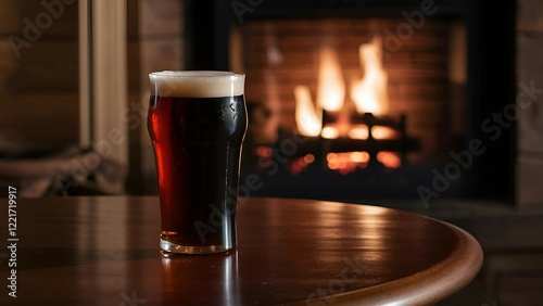 Glass of Dark Beer in Front of a Fireplace photo