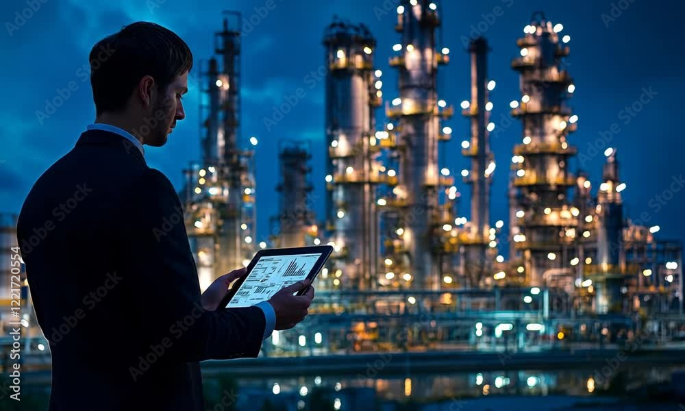 Businessman Using Tablet Near Industrial Complex at Dusk with ai generated.