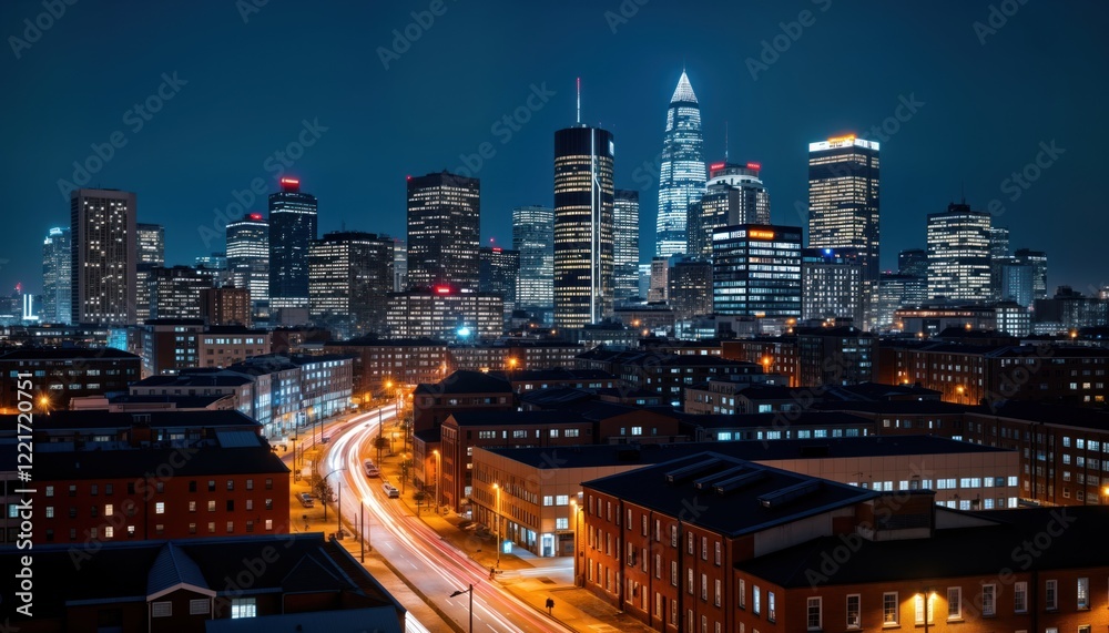 Fototapeta premium City skyline at night. Illuminated buildings stand out against dark sky. Urban landscape with traffic lights and buildings. City centre view. Busy urban night scene.