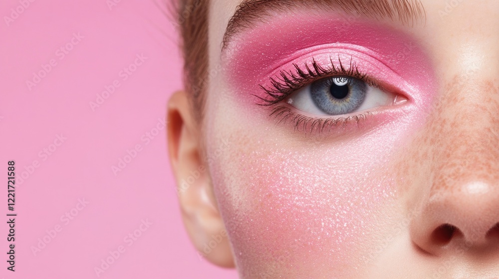 Close up view of an eye with vivid pink eyeshadow expertly applied, highlighting beauty and creativity in makeup artistry Close up view of an eye with vivid pink eyeshadow expertly applied, highlighting beauty and creativity in makeup artistry