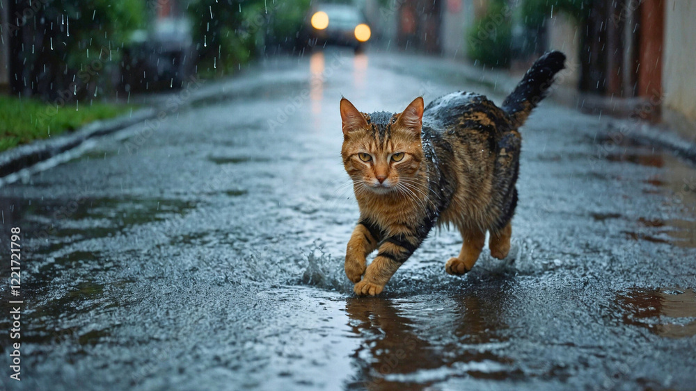 Obraz premium cat looks confused, its ears flattening back as it starts to move to find shelter.