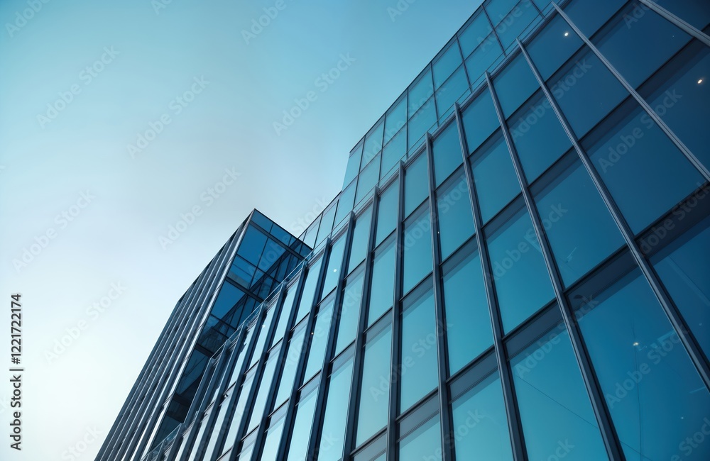 Modern glass office building exterior against clear blue sky. Tall skyscraper with many windows showing sky reflection. Contemporary architecture with geometric pattern of windows. Empty exterior Modern glass office building exterior against clear blue sky. Tall skyscraper with many windows showing sky reflection. Contemporary architecture with geometric pattern of windows. Empty exterior