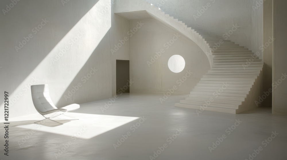 Modern Minimalist Interior Design with Spiral Staircase and Chair Modern Minimalist Interior Design with Spiral Staircase and Chair