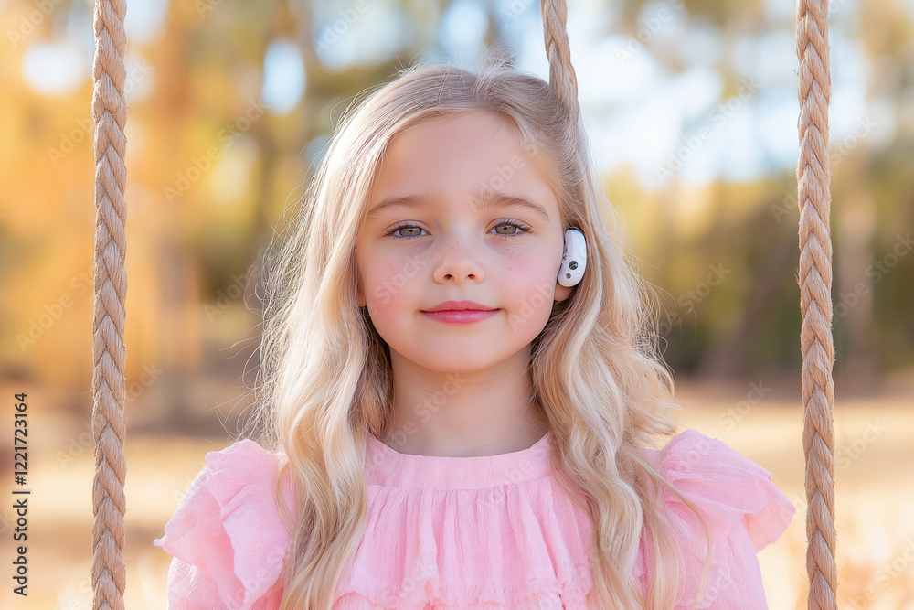 Young girl with blonde hair enjoys autumn swing wearing wireless earbuds Young girl with blonde hair enjoys autumn swing wearing wireless earbuds
