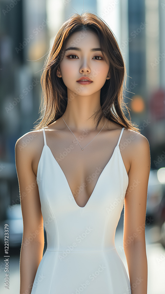 A fashion female asian model with a white dress on a blurred urban background. A fashion female asian model with a white dress on a blurred urban background.