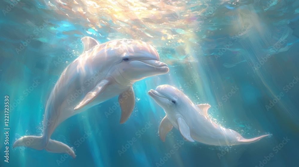 Fototapeta premium Serene underwater scene with playful dolphins and sunlit ocean waters