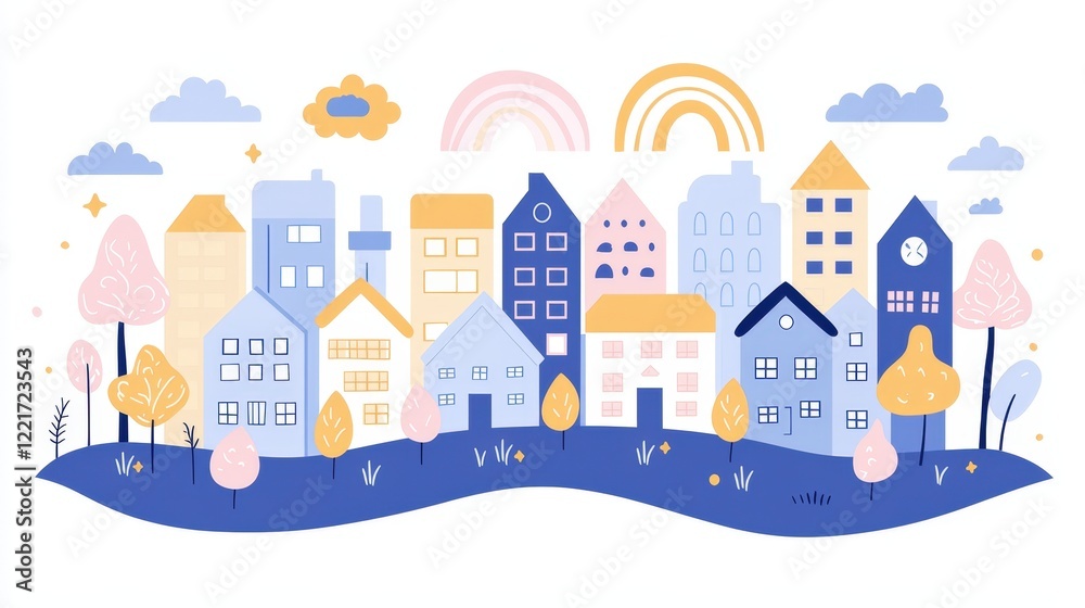 Colorful abstract cityscape with pastel buildings and rainbows in a whimsical style Colorful abstract cityscape with pastel buildings and rainbows in a whimsical style