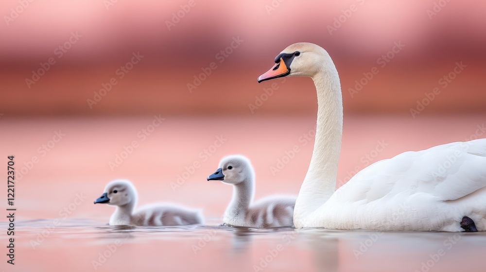 Fototapeta premium Graceful swan and cygnets gliding on tranquil pink-hued lake at sunset