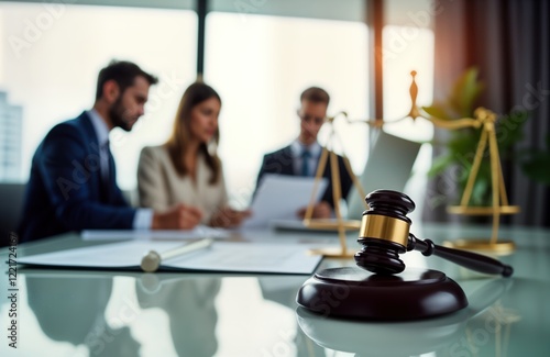 Lawyers review legal documents in modern law office. Pro team discusses contracts. Gavel, scales of justice symbolize legal process. Business people focus on important work. Serious mood of legal