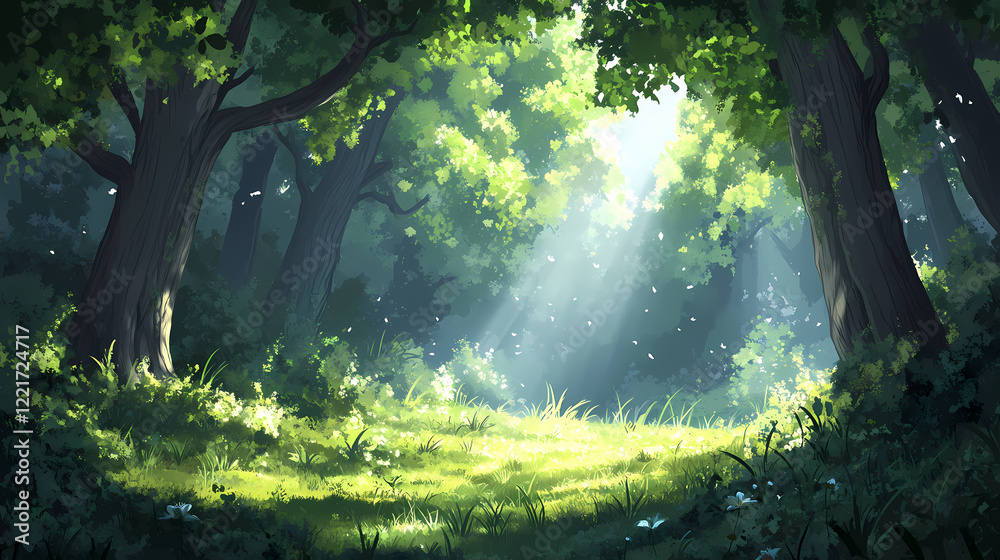 Fototapeta premium Sunbeams filter through lush green trees in a serene forest meadow, creating a tranquil, scenic nature landscape perfect for backgrounds and nature themes. Serene Glade. Illustration