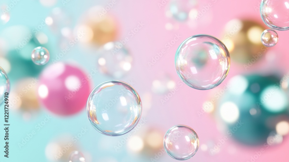 Delicate bubbles float effortlessly in a vibrant display, contrasting beautifully against a soft pink backdrop that enhances their colors Delicate bubbles float effortlessly in a vibrant display, contrasting beautifully against a soft pink backdrop that enhances their colors