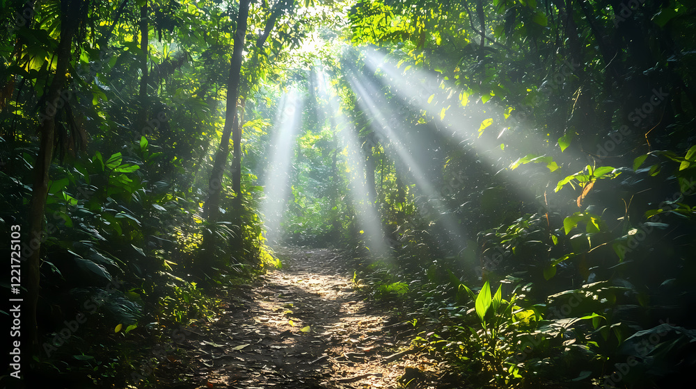 Obraz premium Sunlight streams through the dense canopy of a lush forest, illuminating the path ahead. Serene Glade. Illustration