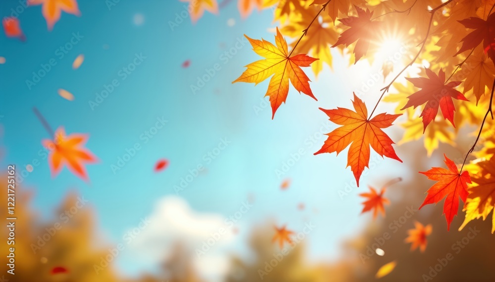 Autumnal scene with vibrant yellow, orange leaves falling against clear blue sky. Sunlight shines through foliage. Beautiful autumn landscape. Sunny day. Colorful autumn leaves. Calm atmosphere. Autumnal scene with vibrant yellow, orange leaves falling against clear blue sky. Sunlight shines through foliage. Beautiful autumn landscape. Sunny day. Colorful autumn leaves. Calm atmosphere.