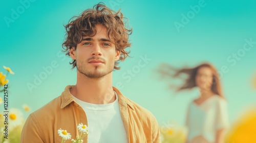 Young man in golden shirt standing in flower field with woman in background