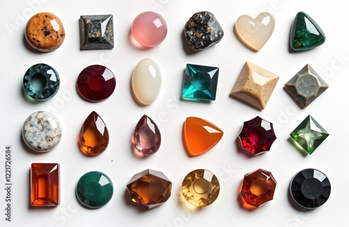 Polished gemstones, minerals in various colours, shapes displayed on white background. Assortment includes different types of stones like pyrite, beryl, lapis lazuli, onyx, calcite, citrine, agate, photo