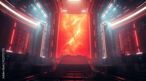 Futuristic Server Room Portal with Red Neon Lighting