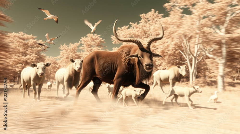 Fototapeta premium Close-up of an ox leading a herd in nature