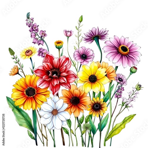 A collection of vibrant spring flowers drawn in a detailed and artistic style on a white background