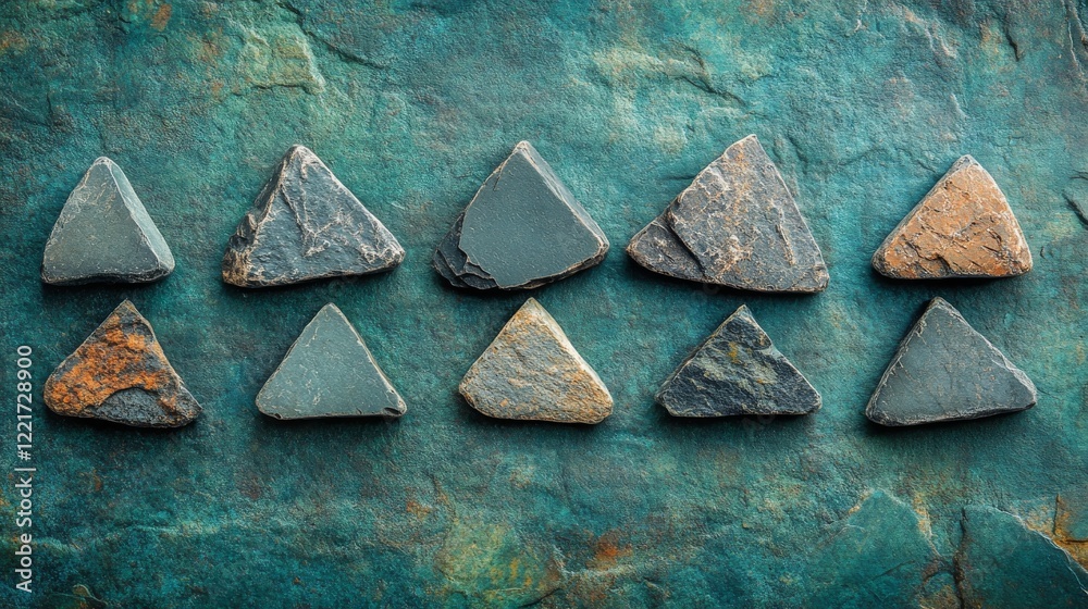 Triangular slate stones arranged on a teal background Triangular slate stones arranged on a teal background
