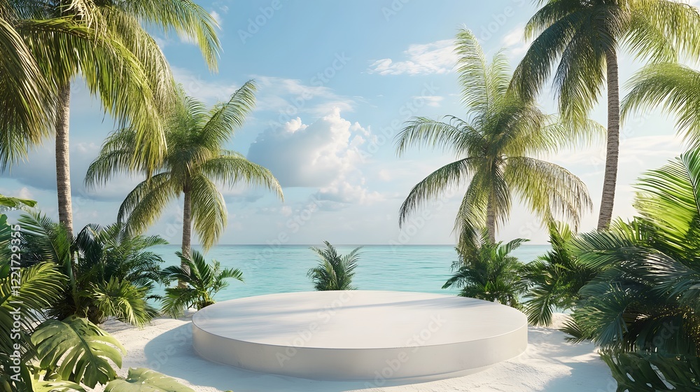 Fototapeta premium A podium on a tropical island, surrounded by palm trees and turquoise waters