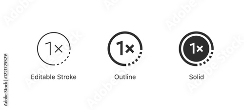 speed video 1x icon symbol, fast video, audio icons in editable stroke, outline, solid styles for playback controls and media player interfaces