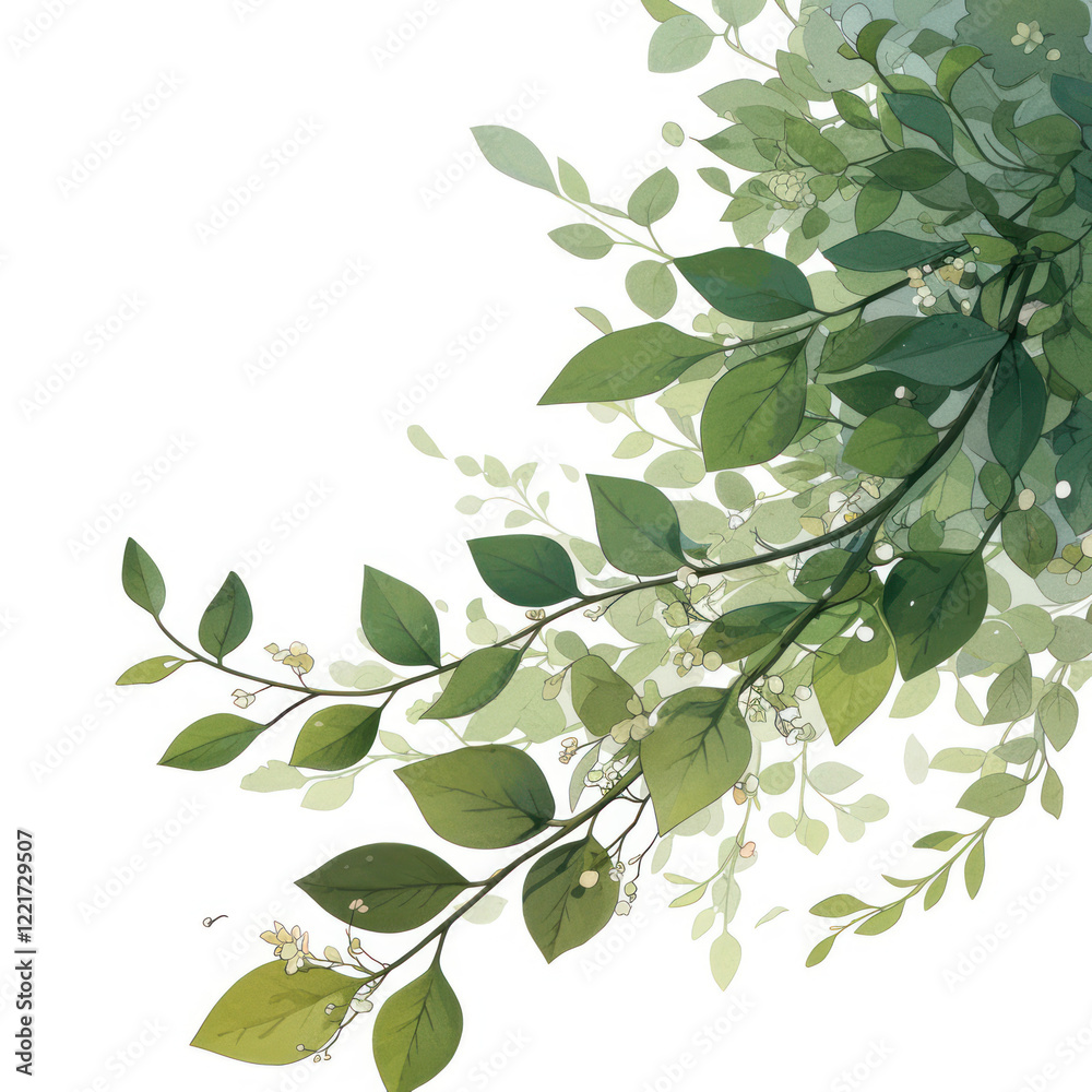graceful branches with leaves, made in a watercolor style. Leaves of various shades of green, from light to rich, create a feeling of airiness and lightness. graceful branches with leaves, made in a watercolor style. Leaves of various shades of green, from light to rich, create a feeling of airiness and lightness.