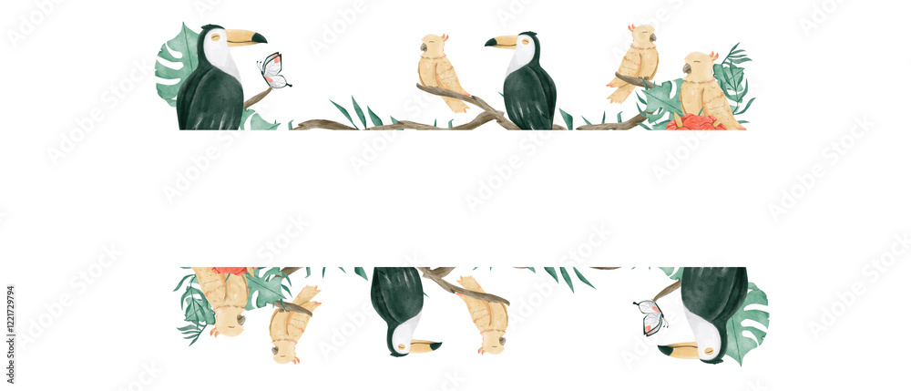 Fototapeta premium Watercolor Illustration Tropical Frame with Exotic Birds Toucans and Yellow Parrots, Template for Print, Textile and Web