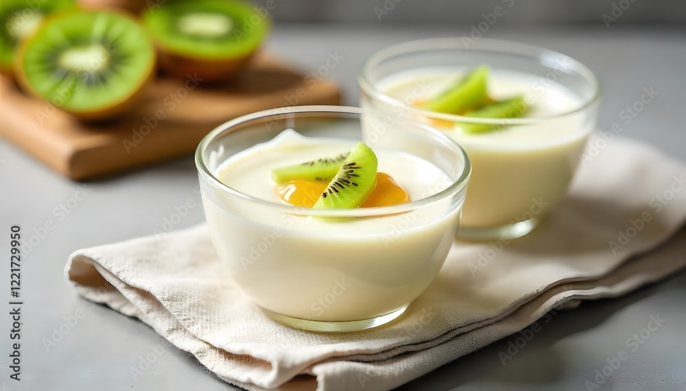 An ultra-realistic shot of a delicate coconut milk pudding served in small, clear bowls, garnished with a few slices of fresh kiwi and a drizzle of honey. The pudding should appear smooth and creamy, An ultra-realistic shot of a delicate coconut milk pudding served in small, clear bowls, garnished with a few slices of fresh kiwi and a drizzle of honey. The pudding should appear smooth and creamy,