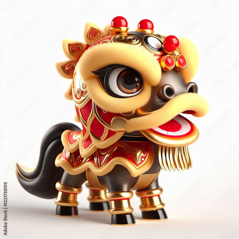 Fototapeta premium 3D Adorable gold red and black horse in a lion dance costume on a white background