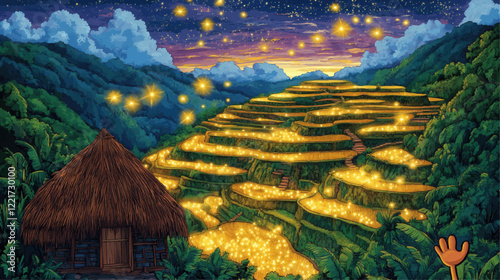 Magical Night Over Luminous Terraces: Enchanting Starry Sky and Rustic Hut Amidst Glowing Rice Fields in Lush Mountain Landscape Vector Illustration