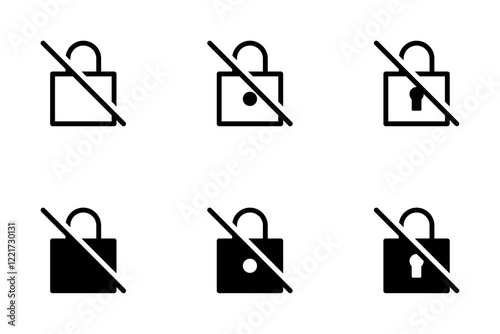 No lock, insecure icon set, flat style line and glyph vector illustrations