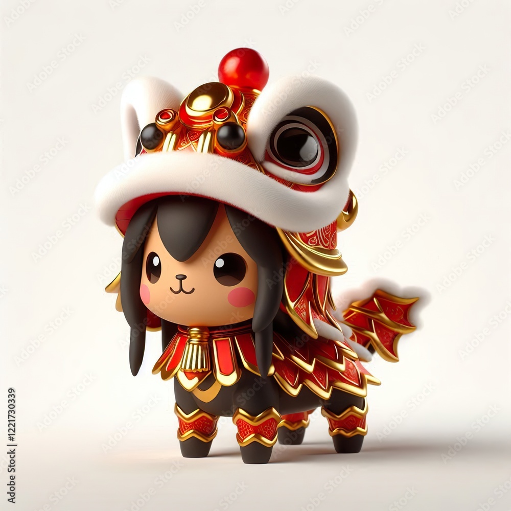 Fototapeta premium 3D Adorable gold red and black horse in a lion dance costume on a white background