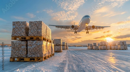 Airplane landing with cargo pallets at sunset on snowy runway