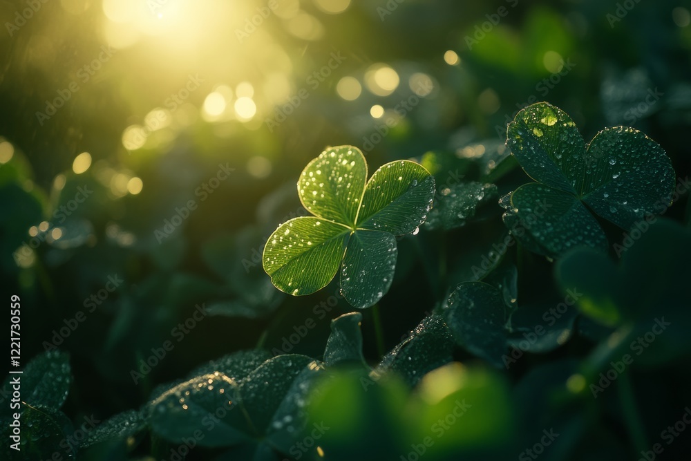 Sunlit four leaf clover with dew in serene natural setting Sunlit four leaf clover with dew in serene natural setting