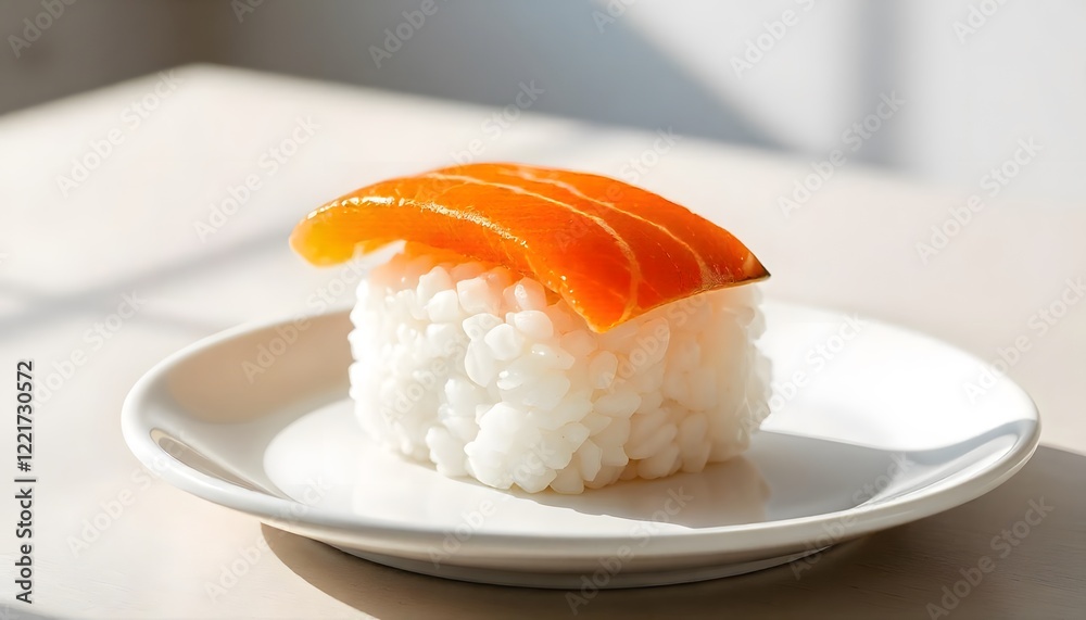 An ultra-realistic image of a single piece of salmon nigiri, with the vibrant orange salmon slice perfectly placed on top of a mound of glossy, white sushi rice. The texture of the salmon should An ultra-realistic image of a single piece of salmon nigiri, with the vibrant orange salmon slice perfectly placed on top of a mound of glossy, white sushi rice. The texture of the salmon should