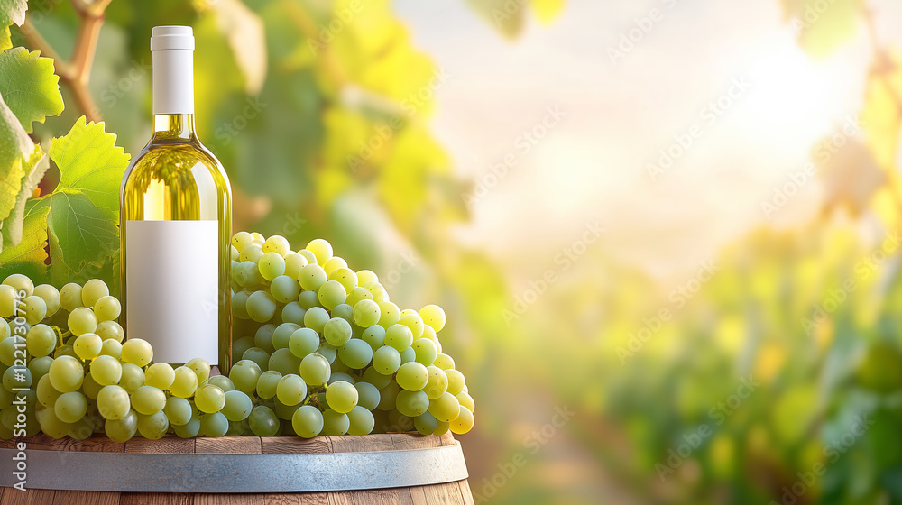 Fototapeta premium Fresh white wine surrounded by green grapes on a vineyard