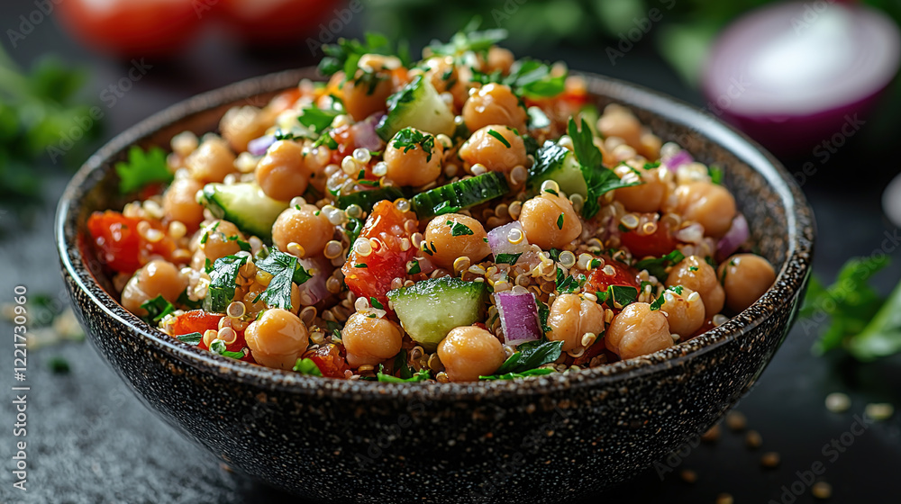 Quinoa salad with chickpeas, cucumber, tomato, red onion, and lemon vinaigrette, soft lighting and clean background in food photography
Quinoa salad with chickpeas, cucumber, tomato, red onion, and lemon vinaigrette, soft lighting and clean background in food photography