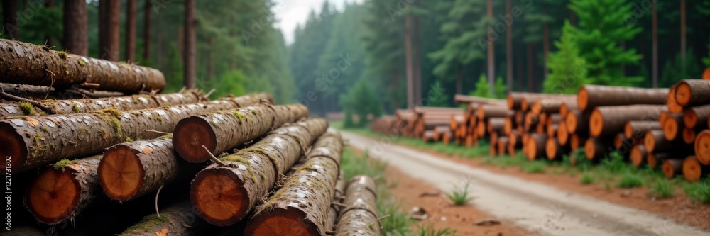 Stacked log spruce trunks line forest road. Cut trees prepared for removal. Forest wood industry. Nature, industry come together in image of timbering. Scene shows process of logging, wood Stacked log spruce trunks line forest road. Cut trees prepared for removal. Forest wood industry. Nature, industry come together in image of timbering. Scene shows process of logging, wood