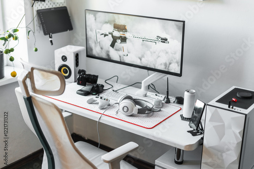 Stylish streamer area powerful PC, high-quality headphones and microphone. Perfect space for streaming, interacting audience and enjoying video games. Workplace photographer, videographer and gamer