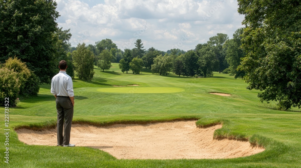 Man contemplating golf course landscape on a sunny day Man contemplating golf course landscape on a sunny day