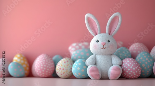 Easter mockup with a decorative pillow featuring bunny ears and pastel eggs on a light pink surface