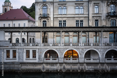 Selective blur on the arcades of the Ljubljana Central market at dusk or osrednja ljubljanska trznica, designed by Joze Plecnik, a landmark of Ljubljana, in Slovenia. photo