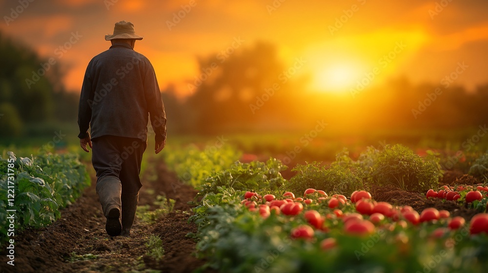 Fototapeta premium Farmer walking through sunset field.
