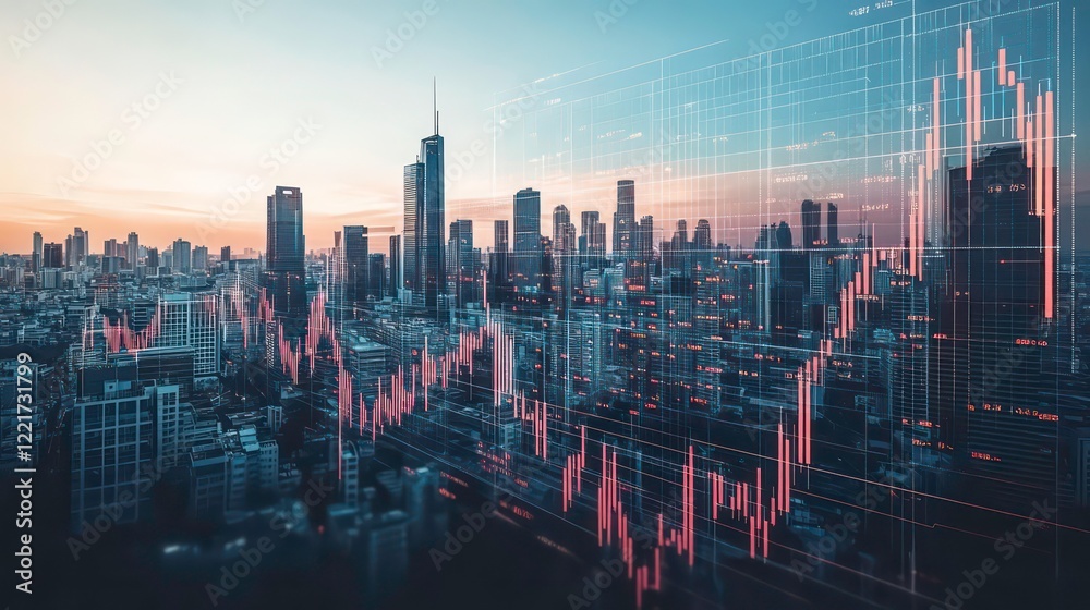 Fototapeta premium A futuristic cityscape with digital stock market charts overlaying the skyline, representing the integration of finance and technology in a smart city.