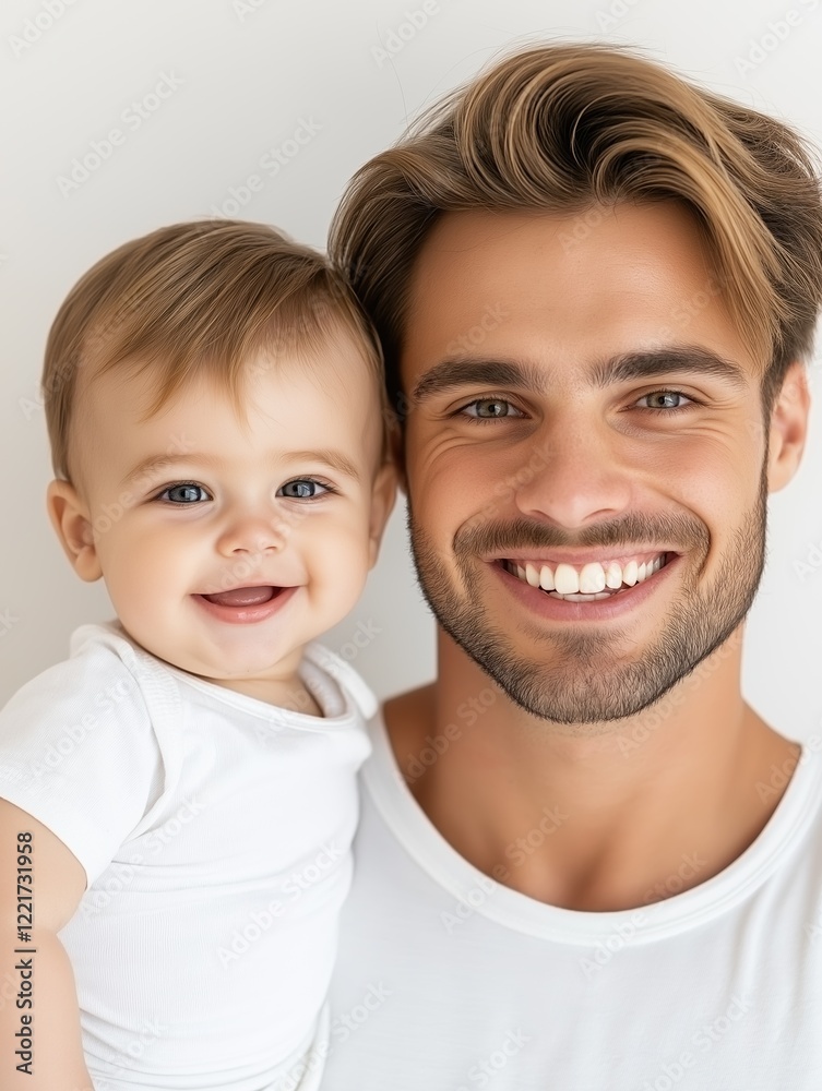 Smiling father and son duo in white t-shirts celebrating family bond Smiling father and son duo in white t-shirts celebrating family bond