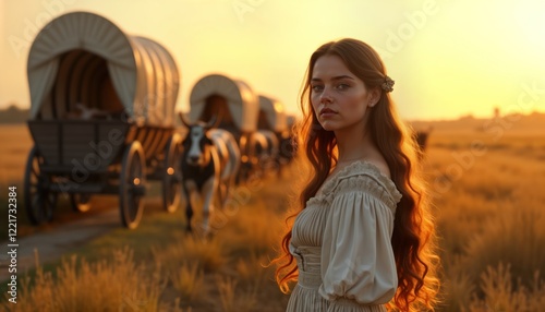 Beautiful woman stands pathway golden hour. Oxen lead covered wagons. Scenic rural landscape. Historical western scene. Pioneer journey. Romance adventure. Vintage style. Costume drama. Vintage look.