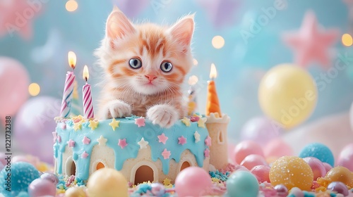 A colorful birthday cake in the shape a castle with a tiny kitten playfully pawing at the decorations