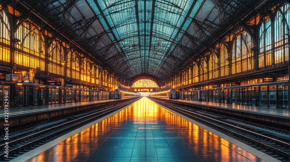 Fototapeta premium Grand station sunrise, platforms, tracks, glass roof, urban transport