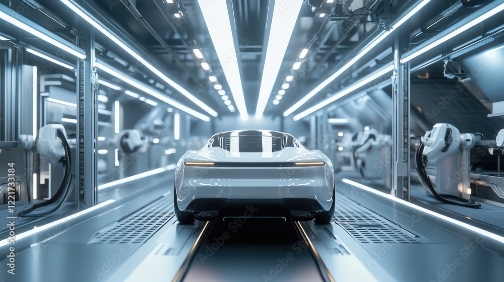 Obraz premium Futuristic electric car production factory with automated robotics