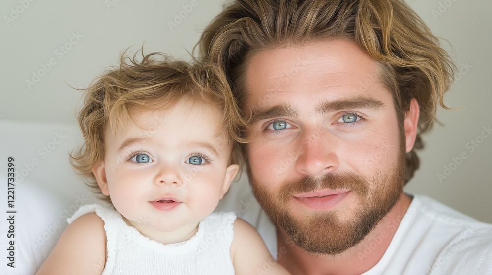 Father and child with blue eyes smiling at camera in bright setting Father and child with blue eyes smiling at camera in bright setting